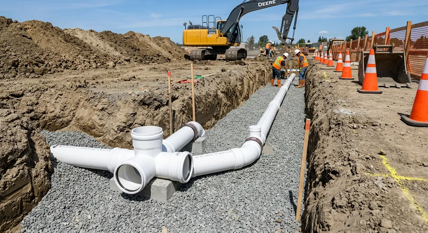 New PVC sewer pipe installation in open trench for Sewer Backup in Daly City