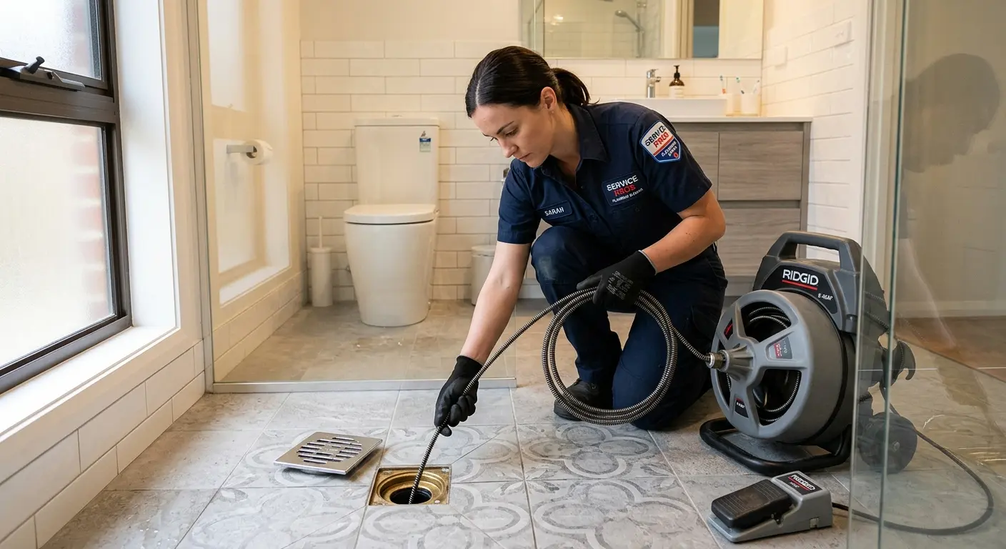 Technician clearing a bathroom floor drain for Drain Cleaning in Daly City